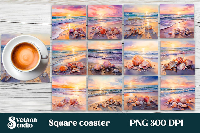 Sunset ocean beach square coaster bundle Sublimation Svetana Studio 