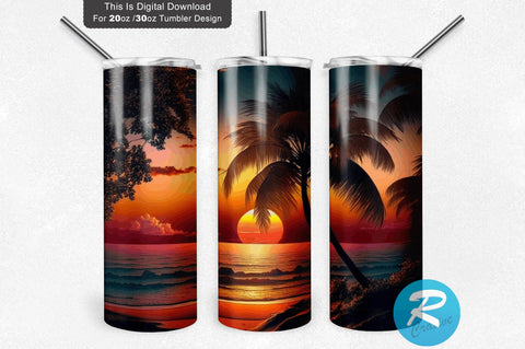 Sunset On Beach With Palm 20 oz / 30 oz Tumbler PNG Sublimation Regulrcrative 