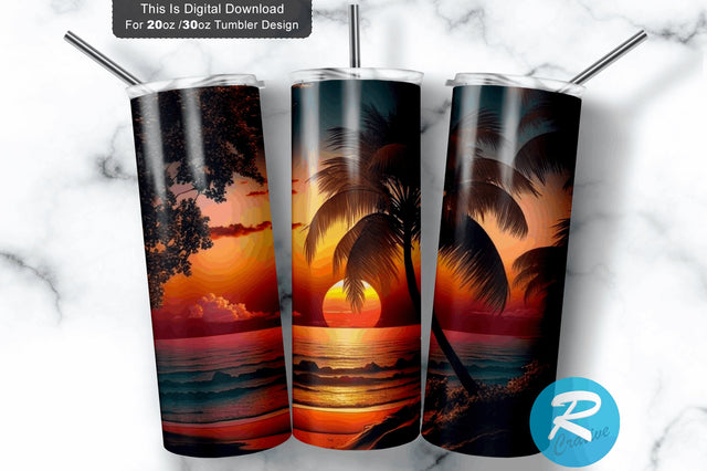 Sunset On Beach With Palm 20 oz / 30 oz Tumbler PNG Sublimation Regulrcrative 