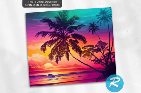 Sunset on Beach With Palm Tree 20 oz / 30 oz Tumbler PNG Sublimation Regulrcrative 