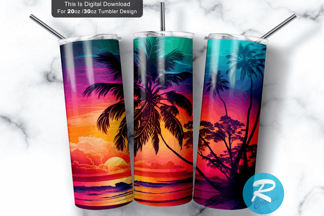 Sunset on Beach With Palm Tree 20 oz / 30 oz Tumbler PNG Sublimation Regulrcrative 