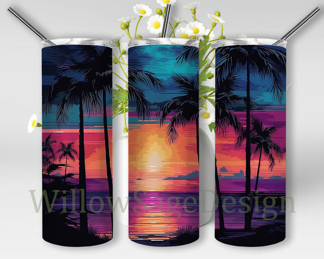 Sunset Painting Of Palm Trees With The Beach 20oz Skinny Tumbler Png, Summer Vibes Png, Summer Holiday Png, Beach Vibes Png Sublimation WillowSageDesign 
