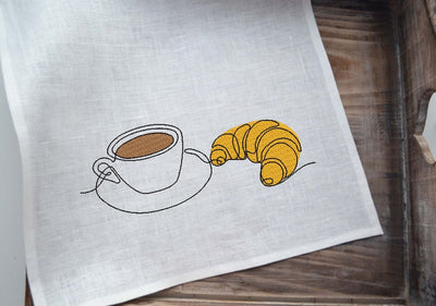 Сup of coffee and croissant embroidery design, instant download, one line art embroidery design, 4 sizes Embroidery/Applique DESIGNS ArtEMByNatalia 