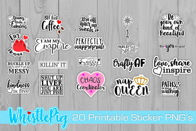 Super Cute, Funny and Inspirational Print and Cut Printable Sticker Bundle PNG Bundle Digital Pattern Whistlepig Designs 