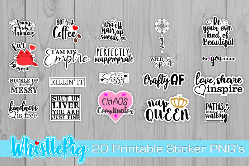 Super Cute, Funny and Inspirational Print and Cut Printable Sticker Bundle PNG Bundle Digital Pattern Whistlepig Designs 