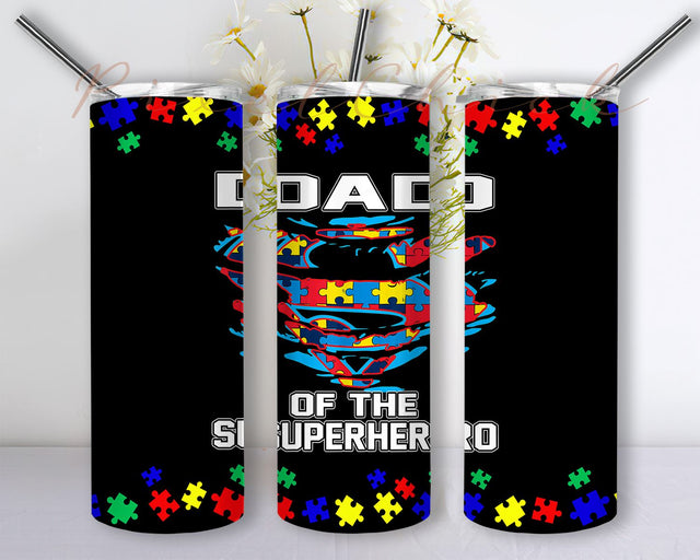 Super Dad Tumbler Autism Awareness Gift Father Superhero Sublimation Designs Downloads, Skinny Tumbler 20oz Design Download PNG Sublimation PixelChick 