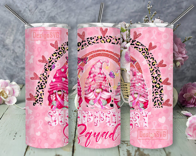 Support Squad 20oz Tumbler Template, Breast Cancer Awareness Tumbler Png, Funny Gnome Cancer Tumbler Design, Pink Ribbon Design Png, Instant Download Sublimation DesignSVG 
