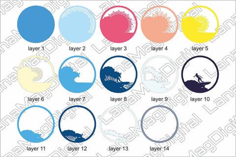 Surfing sunrise layered mandala svg, Ocean waves, Beach life 3D Paper LanaMagDigital 
