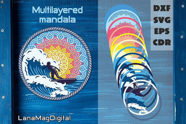 Surfing sunrise layered mandala svg, Ocean waves, Beach life 3D Paper LanaMagDigital 