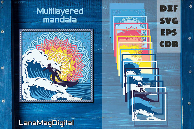 Surfing sunrise layered mandala SVG, Tropical Beach life 3D Paper LanaMagDigital 