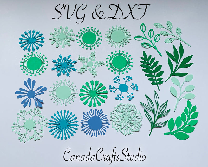 SVG and DXF 6 Paper flower center and 7 leaves SVG CanadaCraftsStudio 