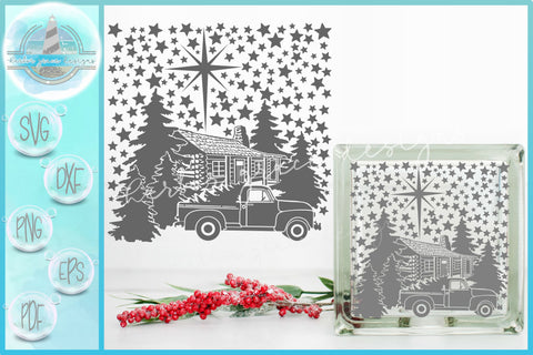 SVG Cabin Truck and Trees Christmas Scene Glass Block Design SVG SVGcraze 