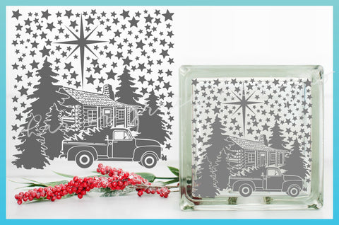 SVG Cabin Truck and Trees Christmas Scene Glass Block Design SVG SVGcraze 