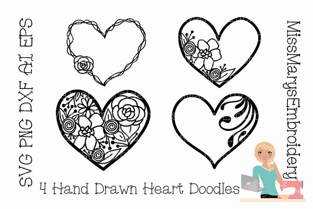 SVG Heart Drawing | Valentine's SVG | Flower Hearts SVG | Cutting File SVG MissMarysEmbroidery 