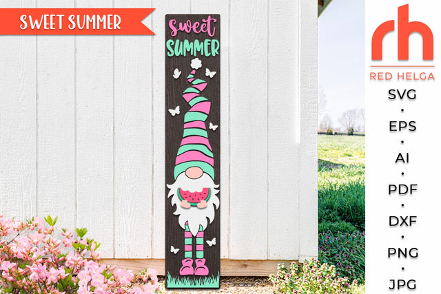 Sweet Summer SVG, Porch Board Cut File, Gnome with Watermelon DXF, Layered Welcome Sign SVG RedHelgaArt 