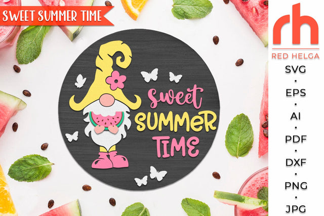Sweet Summer Time SVG, Round Hanger Cut File, Gnome with Watermelon Silhouette, Layered Summer Door Sign SVG RedHelgaArt 