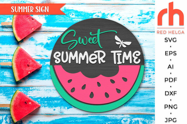 Sweet Summer Time SVG, Round Hanger Cut File, Summer Door Sign DXF, Watermelon Silhouette SVG RedHelgaArt 