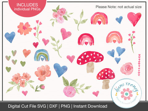 Sweetheart Valentine Watercolor Flowers, Rainbows, Roses, Hearts SVG Sticker Sheet, PNG, DXF SVG Diane Rooney 