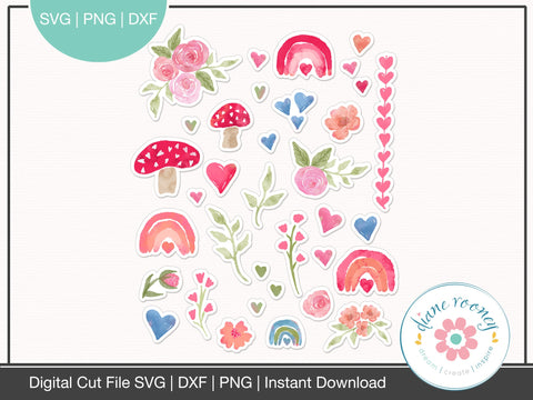 Sweetheart Valentine Watercolor Flowers, Rainbows, Roses, Hearts SVG Sticker Sheet, PNG, DXF SVG Diane Rooney 