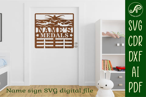 Swimmer female medal holder Name svg laser cut template SVG APInspireddesigns 