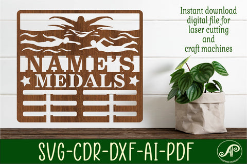 Swimmer female medal holder Name svg laser cut template SVG APInspireddesigns 