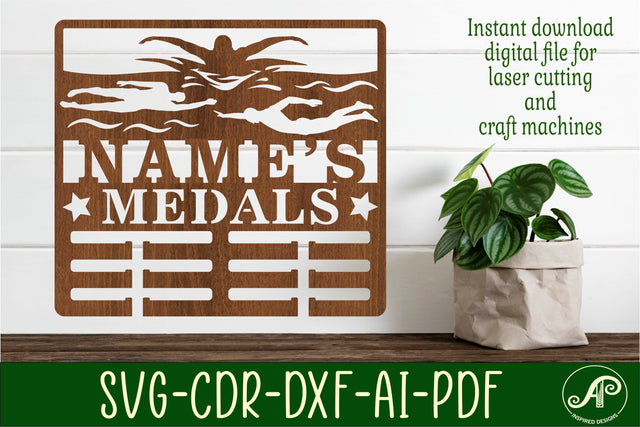 Swimmer male medal holder Name svg laser cut template SVG APInspireddesigns 