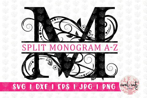 Swirl Floral Split Monogram - Alphabets A to Z - EPS SVG DXF JPG PNG SVG CoralCutsSVG 