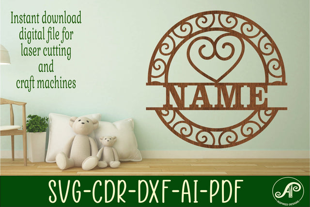 Swirl heart name sign svg laser cut template SVG APInspireddesigns 
