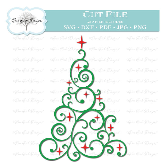 Swirly Christmas Tree with Stars SVG One Oak Designs 