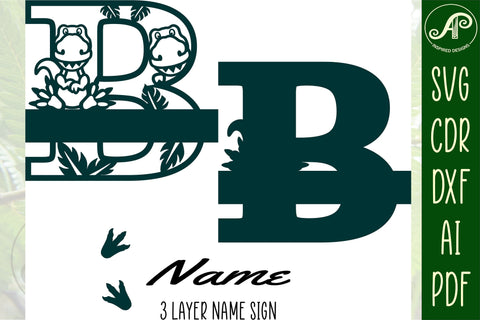 T rex dinosaur monogram letter Name signs 3 layer design SVG bundle SVG APInspireddesigns 