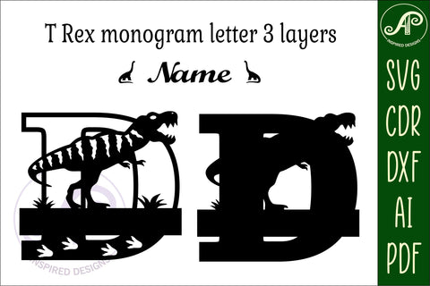 T Rex monogram capital letter D SVG laser cut file SVG APInspireddesigns 