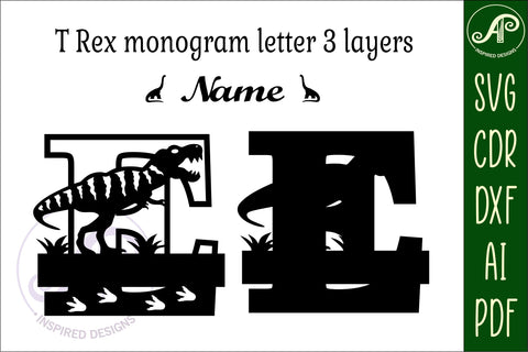 T Rex monogram capital letter E SVG laser cut file SVG APInspireddesigns 