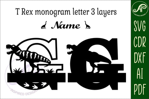 T Rex monogram capital letter G SVG laser cut file SVG APInspireddesigns 
