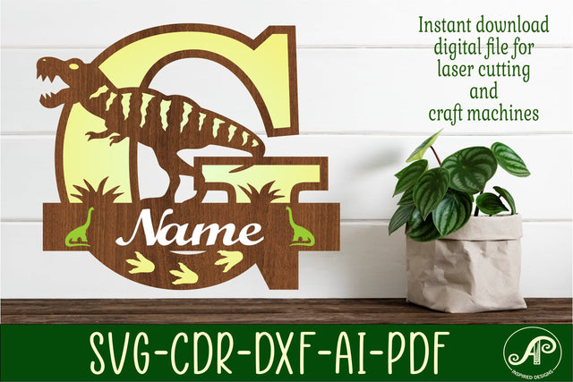 T Rex monogram capital letter G SVG laser cut file SVG APInspireddesigns 