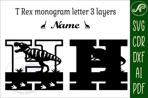 T Rex monogram capital letter H SVG laser cut file SVG APInspireddesigns 