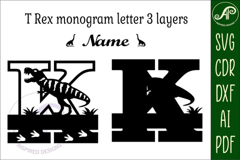 T Rex monogram capital letter K SVG laser cut file SVG APInspireddesigns 