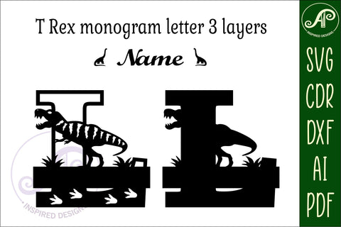 T Rex monogram capital letter L SVG laser cut file SVG APInspireddesigns 