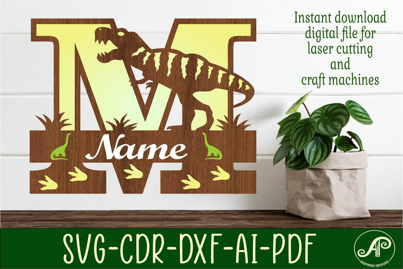 T Rex monogram capital letter M SVG laser cut file SVG APInspireddesigns 
