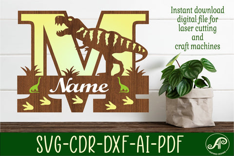 T Rex monogram capital letter M SVG laser cut file SVG APInspireddesigns 