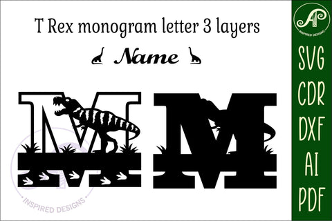T Rex monogram capital letter M SVG laser cut file SVG APInspireddesigns 