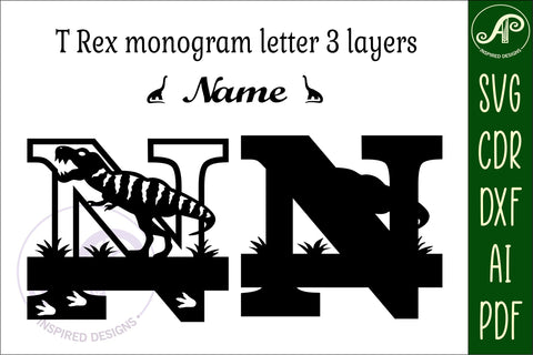 T Rex monogram capital letter N SVG laser cut file SVG APInspireddesigns 
