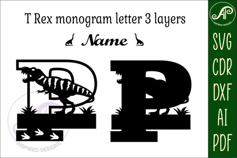 T Rex monogram capital letter P SVG laser cut file SVG APInspireddesigns 