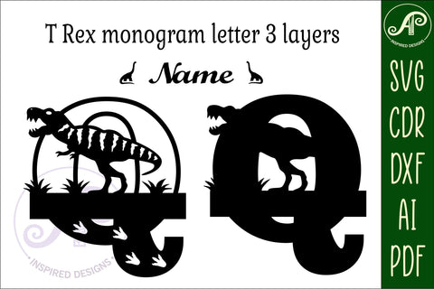 T Rex monogram capital letter Q SVG laser cut file SVG APInspireddesigns 