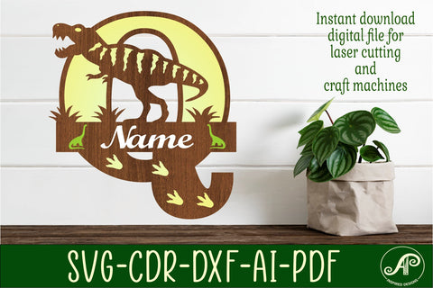 T Rex monogram capital letter Q SVG laser cut file SVG APInspireddesigns 