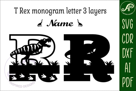 T Rex monogram capital letter R SVG laser cut file SVG APInspireddesigns 