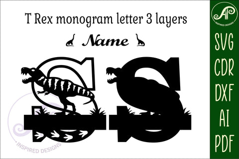T Rex monogram capital letter S SVG laser cut file SVG APInspireddesigns 