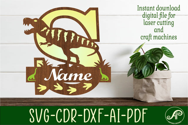 T Rex monogram capital letter S SVG laser cut file SVG APInspireddesigns 