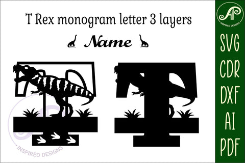 T Rex monogram capital letter T SVG laser cut file SVG APInspireddesigns 