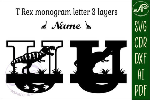 T Rex monogram capital letter U SVG laser cut file SVG APInspireddesigns 