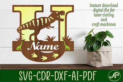T Rex monogram capital letter U SVG laser cut file SVG APInspireddesigns 